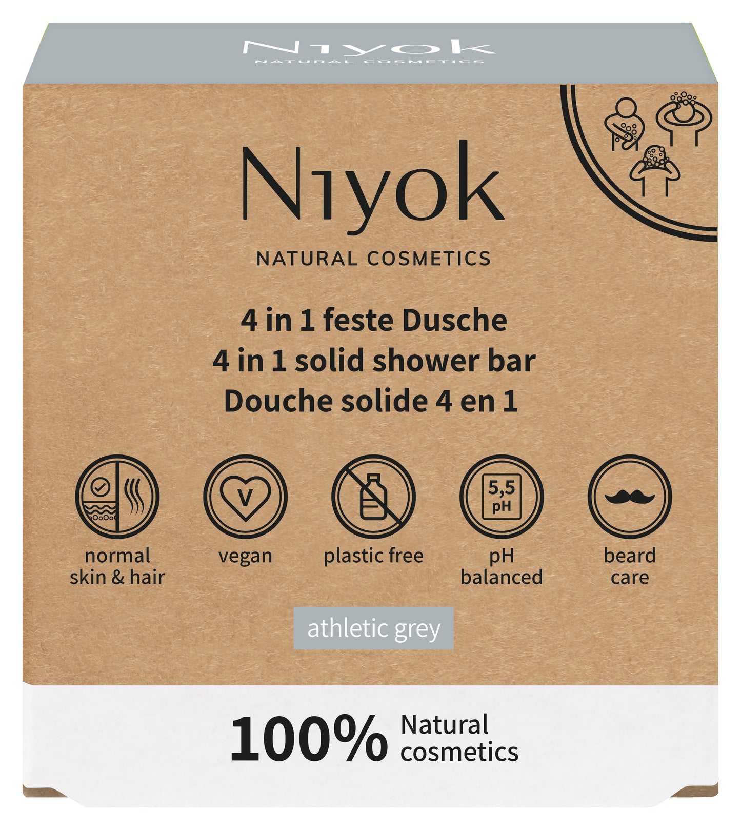 Niyok 4 in 1 solid shower bar body + hair + face + beard athletic grey, 80g