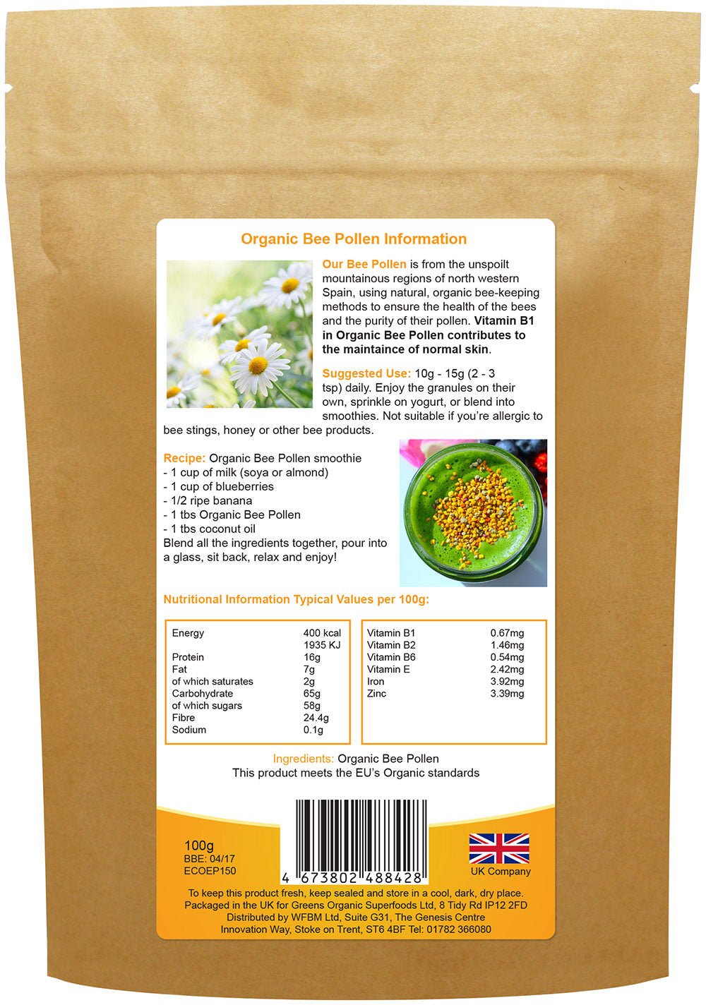 Greens Large Organic Bee Pollen 200gm Pack